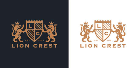 Luxury Lion crest heraldry  . Elegant gold heraldic shield icon. Premium brand identity emblem. Royal company label symbol. Modern vector illustration.のイラスト素材