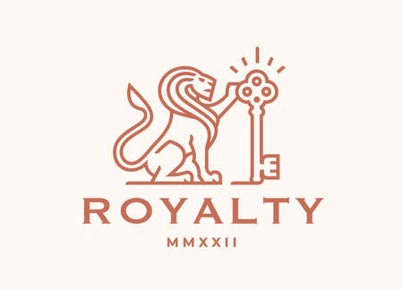 Royal lion key logo. Elegant gold leo line icon. Luxury vintage royalty emblem. Brand identity...