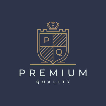 Premium quality shield emblem line icon. Elegant finest royal brand logo. Authentic luxury product badge stamp. Vector illustration.のイラスト素材