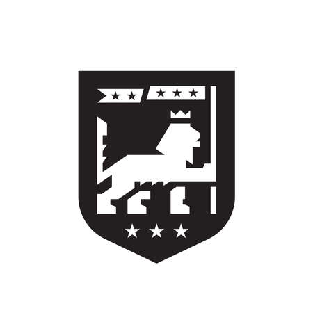 Royal lion shield logo emblem. Heraldic animal crest icon. Vintage style insignia badge. Premium brand identity symbol. Vector illustration.のイラスト素材