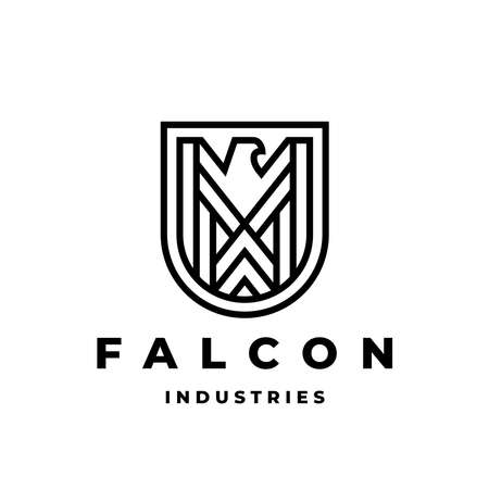 Falcon shield logo emblem. Abstract eagle crest line icon. Hawk badge symbol. Bird label brand design element. Vector illustration.のイラスト素材