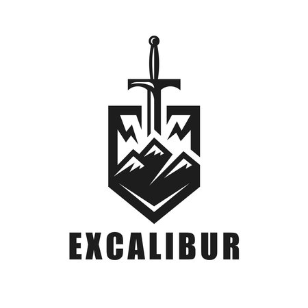 Excalibur logo icon. Sword in rock emblem. Mountain with sword in stone and shield symbol. Vector illustration.のイラスト素材