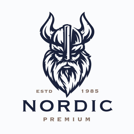 Nordic viking logo. Norse warrior symbol. Fierce horned barbarian helmet icon. Norseman Odin emblem. Vector illustration.のイラスト素材