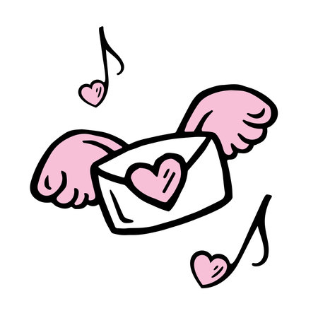 Love note doodle drawing. Envelope with angel wings and heart symbol. Cartoon music love note. Vector illustration.のイラスト素材