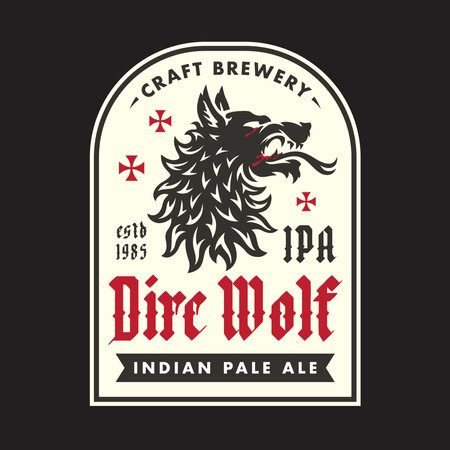 Dire Wolf logo. IPA craft beer label design. Handcraft Indian Pale Ale hellhound brewery emblem. Vintage werewolf brewing company badge. Vector illustration.のイラスト素材