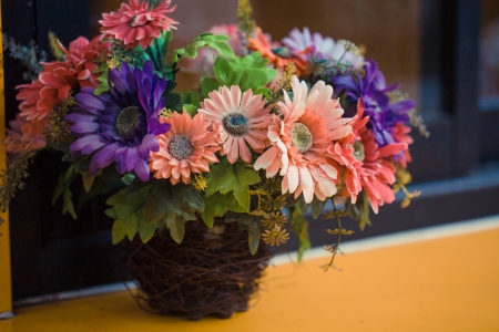 Beautiful flower bouquet on wooden table, Windowの写真素材