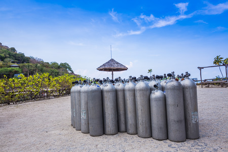 Many of Metal scuba diving oxygen tanks, Scuba air tanks with valvesのeditorial素材