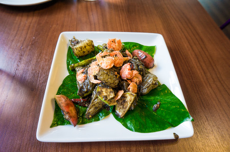 salad with grapefruit and dry shrimp close upの写真素材