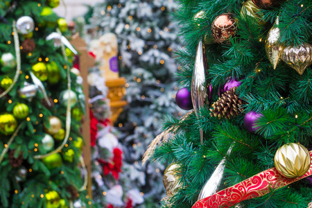 Christmas decorations on the branches of tree,  Christmas backgroundの写真素材
