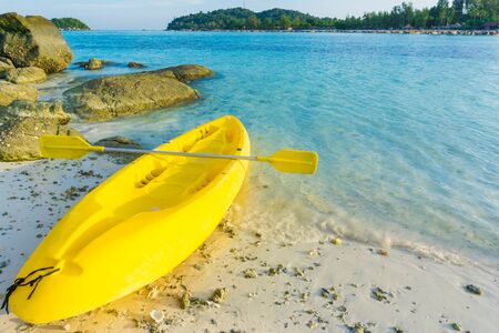 yellow kayak on beach in Andaman sea, Lipe, Satun, Thailandの写真素材