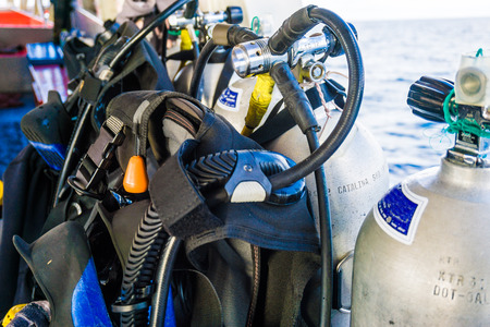 Scuba Diving kit set up ready for dive, Diving equipment on the boatのeditorial素材