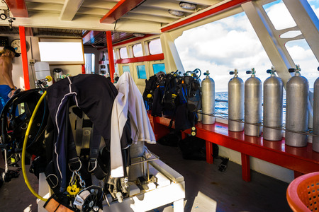 Set of diving equipment on the boat and Oxigen tanks for scuba divingのeditorial素材