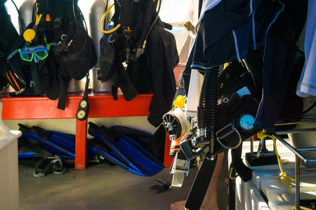 Scuba Diving kit set up ready for dive, Diving equipment on the boatのeditorial素材