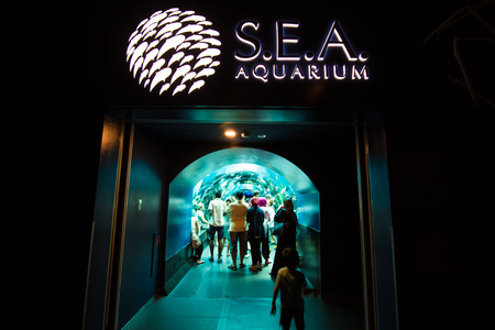 Resorts World Sentosa, Singapore- August 10: People watching big aquarium in S.E.A Aquarium on August 10, 2014.のeditorial素材