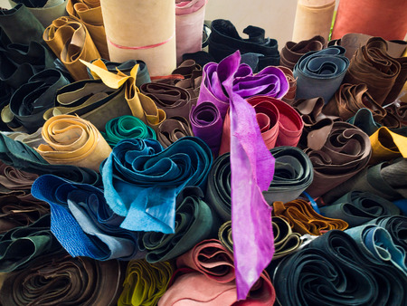 Vegetable tanned leather with Cow Corrected Grain Oil Leather on shelf, leather craftingの写真素材