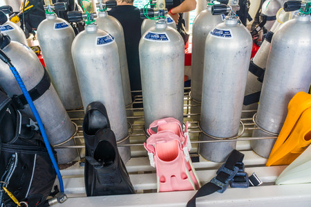 Oxygen air Tanks and Gear for Scuba Diving in the seaのeditorial素材