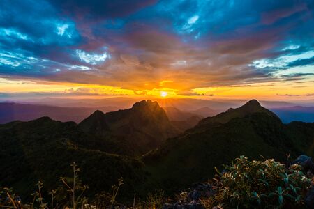 Sunset above the mountains.Sub alpine mountain, Chiangdao Thailandの写真素材