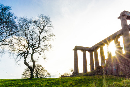 Calton Hil green park Edinburgh Cityscape at dusk, Scotland UKのeditorial素材
