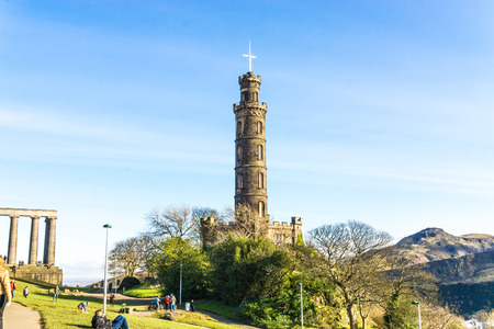 Edinburgh Cityscape from Calton Hill blue sky Scotland UK, Old town Edinburgh Scotland UK