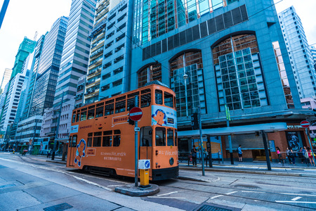 Hong Kong, China - October 25, 2015: Hong Kong Tramways , The trams run on a double track tramline built parallel to the northern coastline of Hong Kong Island.のeditorial素材