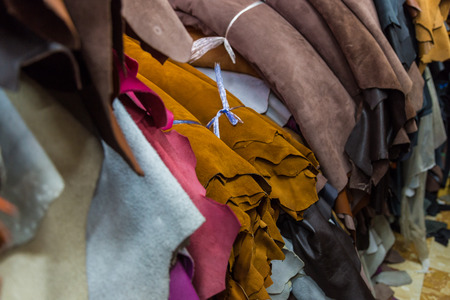 Pile of mass genuine vary vegetable tanned lather and cow oil leatherの写真素材