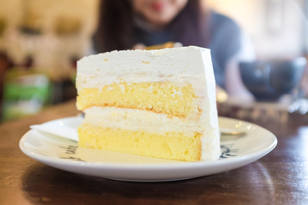 Butter vanilla cream cake on dish Close upの写真素材