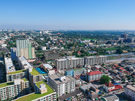 Bangkok downtown city skyline day time with green garden and modern building, Thailandの写真素材