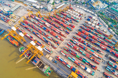 Container ship in import export and business logistic by crane look down view,Trade Port shipping cargo to harbor aerial viewのeditorial素材
