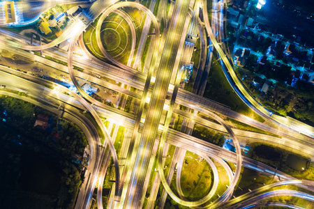 Top view night traffic modern transport background, Bangkok Thailandの写真素材