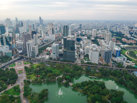 Bangkok skyline with green park sunset, Thaulandのeditorial素材