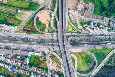 Above transport intersection rural road with car green tree, Green transport concept