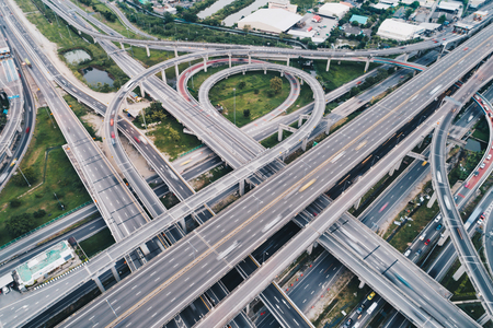 Aerial view overpass traffic with car move transport backgroundの写真素材
