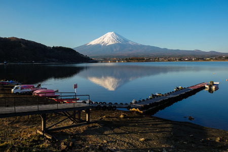 Fuji mountain with snow blue sky background spring timeの写真素材