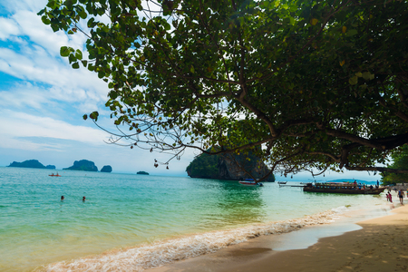 Idyllic Railay beach white sand with blue sky in Krabi, Thailandのeditorial素材