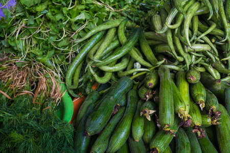 Green zucchini close up in local market agricultural bojectの写真素材