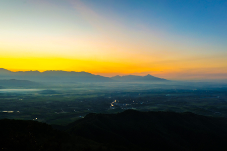 Silhouette mountain layer sunset colorful sky nature landscape scene