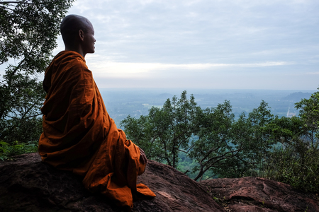 Buddha monk make meditation in deep peace forest, religion conceptの写真素材