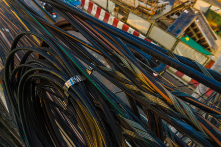 Electrical and network phone line on pole in city infrastructure object