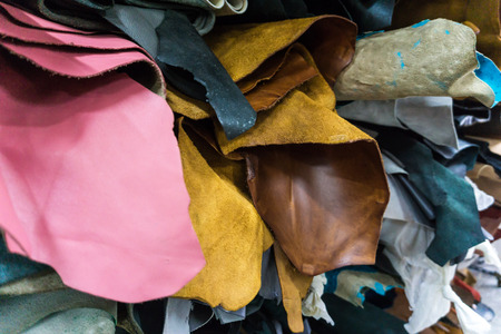 Raw cow vegetable tanned leather sheet crafts in shop, Craftsmanship objectの写真素材