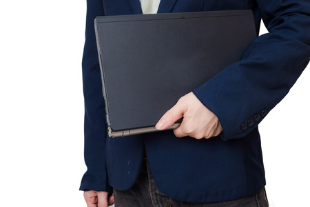 Confident business men hold laptop computer on white background, Business technologyの写真素材