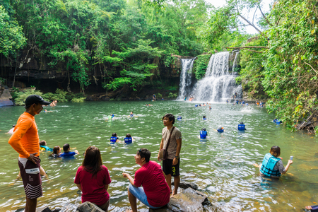 Trad, Thailand - April 29, 2018: Tourist enjoying in Klong Chao water fall tropical forestのeditorial素材