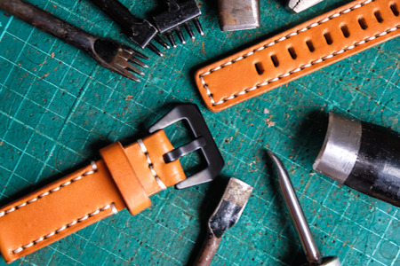 Genuine leather watch band strap handmade of crafts working with metal tool