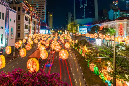 Singapore, Singapore - March 5, 2015 : Street Night view of Chinatown in Singapore. It's an ethnic neighbourhood featuring distinctly Chinese cultural elements.のeditorial素材
