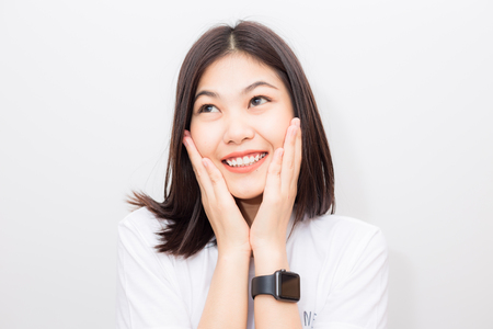 Asian beautiful smiling women portrait on white background healthy lifeの写真素材