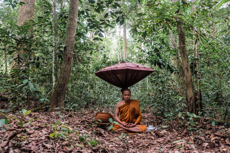 Buddist monk made meditation in deep forest religion conceptの写真素材
