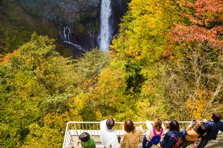 NIKKO, JAPAN-21 OCTOBER 2016: Asian tourist people enjoying to view colorful tree leaf and waterfall in autumn season.のeditorial素材