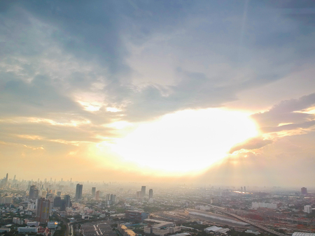 Aerial view of modern office building colorful sunset sky with cloud, Bangkok Thailandの写真素材