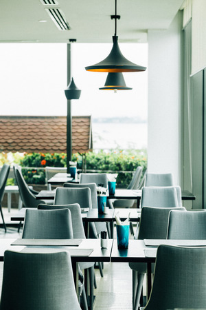 Empty food table terrace restaurant of hotelの写真素材