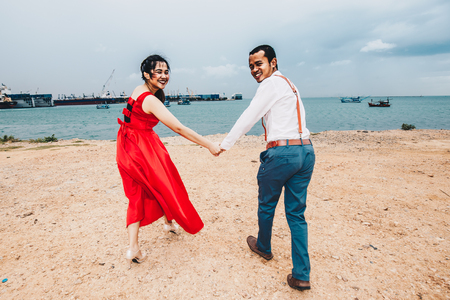 Love couple summer time on sea beach happy pre weddingの写真素材