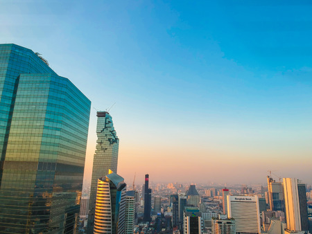 Aerial view of Bangkok modern office city building colorful sunrise, Downtown sunrise skyのeditorial素材